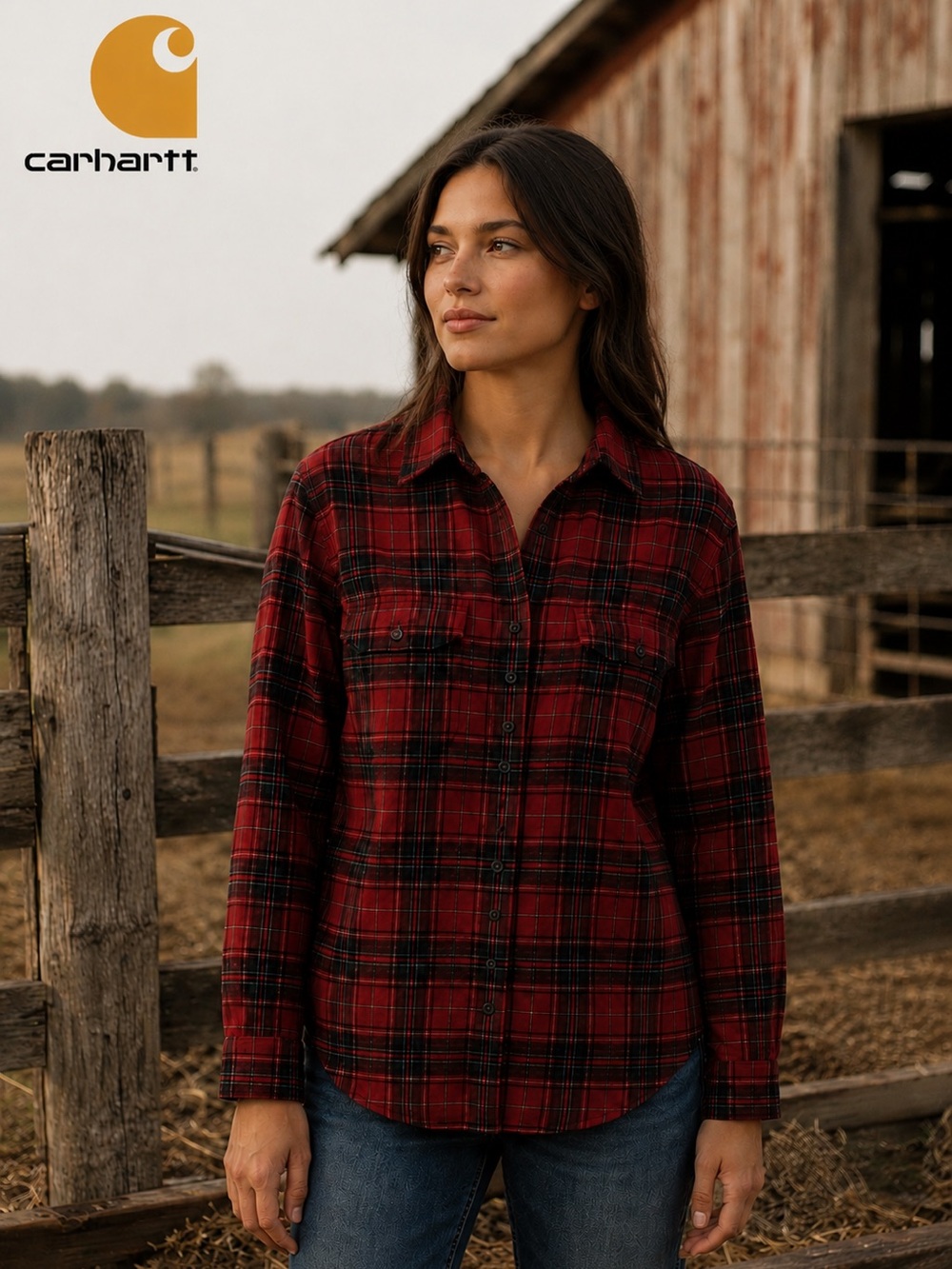 Carhartt Red Black Plaid Flannel Button Up Shirt Sz Medium Workwear Farm Outdoor